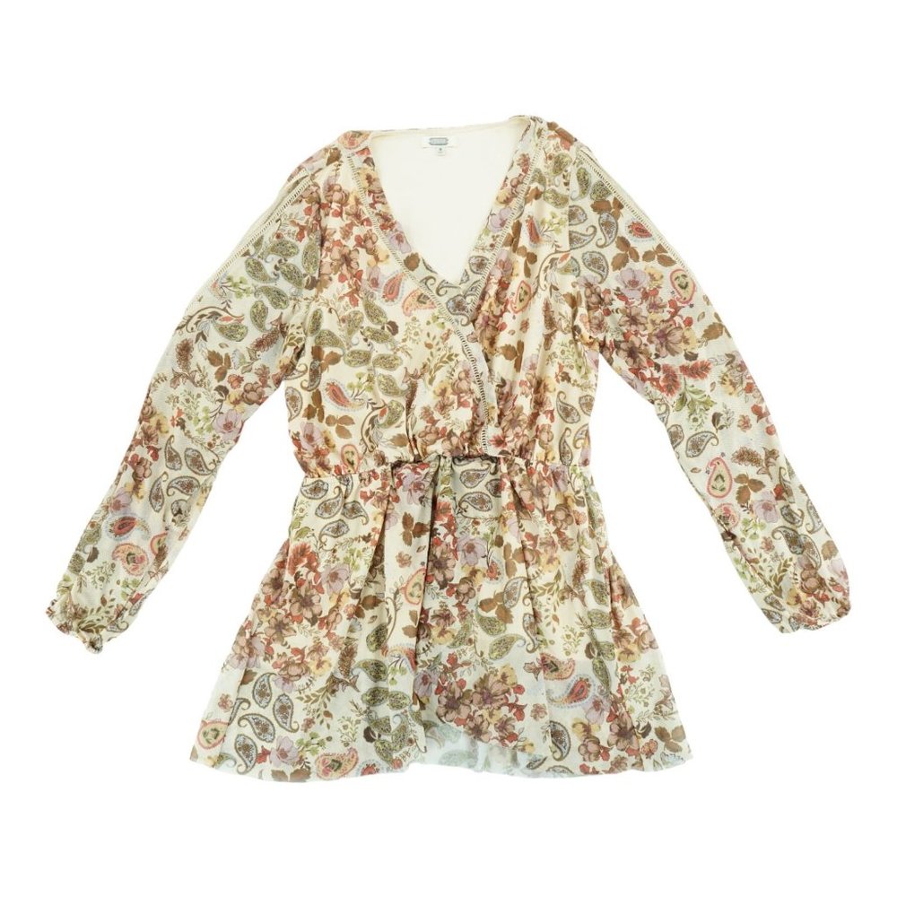 Gimmicks Womens Crop Long Sleeve Chiffon Floral Print Ruched Slim Top Medium